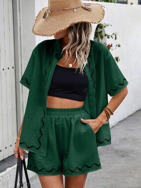 Two Piece Button Down Short Sleeve Outfits Sets NEW - Green